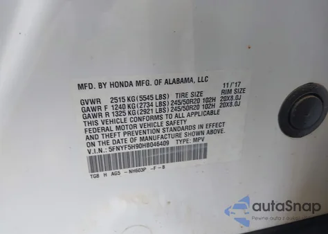 2017 Honda Pilot Touring from USA, damaged, VIN 5FNYF5H90HB046409